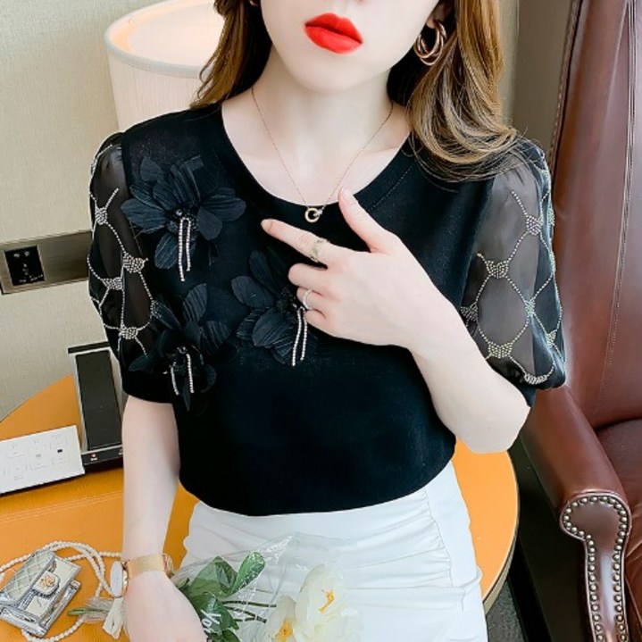 Ogfaour 여름 여성 입체 플라워 핫픽스 반팔 티셔츠