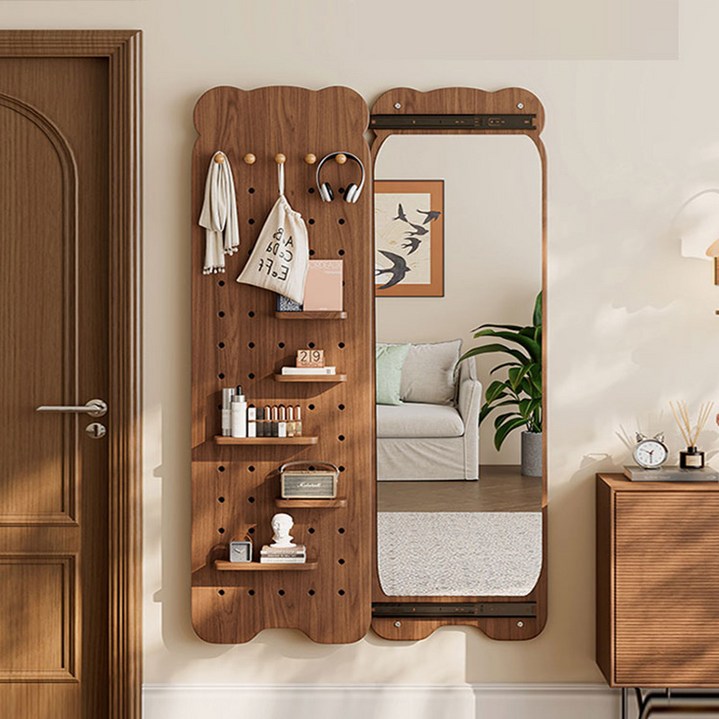 TixPra 곰돌이 홀판 가정용 옷거울 벽걸이 침실 숨기기 거울, 호두 갈색