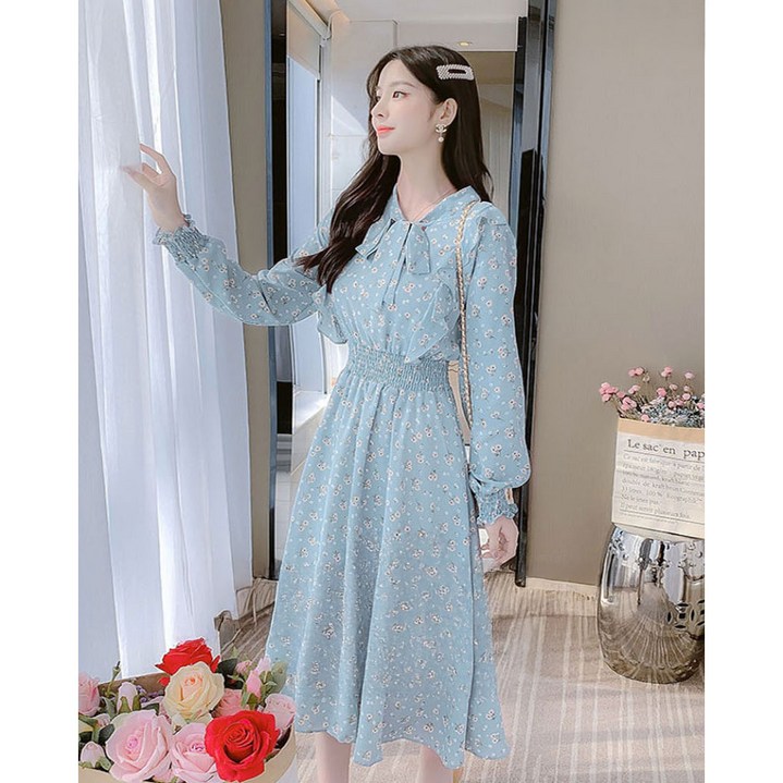 꽃무늬 쉬폰 롱원피스 긴팔 프릴 밴딩 봄가을 러플 여성 하객룩 롱 드레스