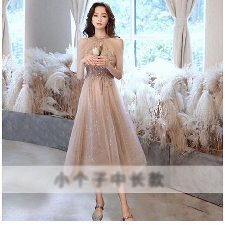 FANSYLI 신상 파티 이브닝 스커트 여성 패션 홀터넥 드레스 고급스러운 프렌치 핫픽스 드레스 롱 공연 드레스 사회자 드레스 단체 드레스 스커트 X8A26