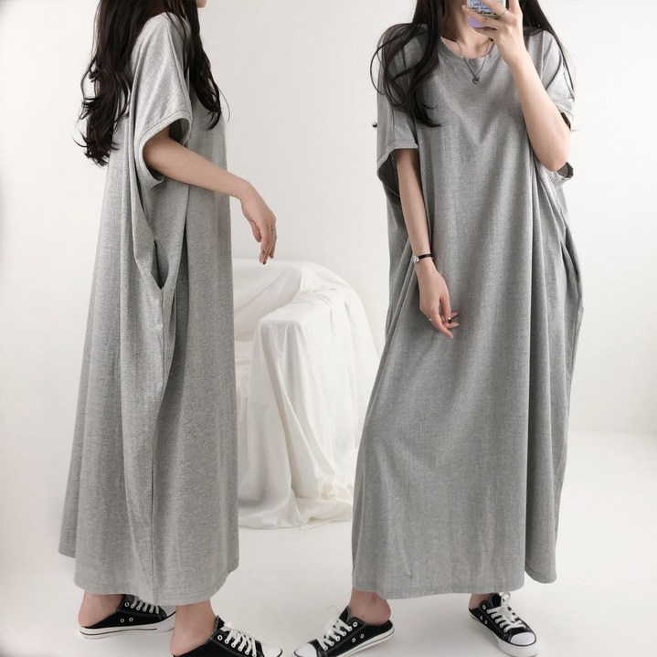 엘케이엘 왕박시 [~4XL] 국산 빅사이즈 오버핏 가오리 포켓 반팔 면 롱 원피스