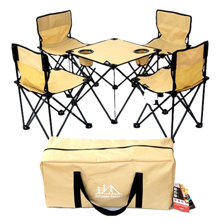 캠핑의자세트 [쿠팡수입] 아웃도어 포레스트 캠핑 의자 4p + 테이블 1p 캠핑의자 테이블 세트, 아이보리