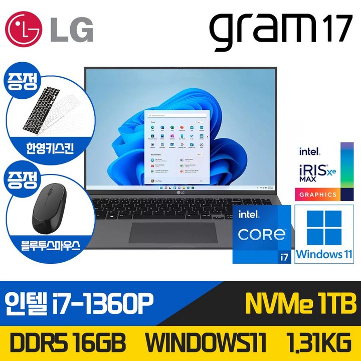 LG그램 17인치 터치스크린 노트북 코어i7 인텔 13세대 RAM 16GB SSD 1TB 윈도우 11 WQXGA 17Z90R, 17Z90R-H.AAC8U1, WIN11 Home, 16GB, 1TB, 블랙