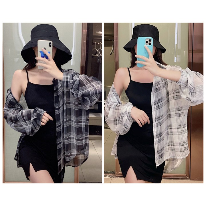 레노이 11 얇은 여성 남방 체크 쉬폰 셔츠 블라우스 긴팔 티셔츠 루즈핏 빅사이즈