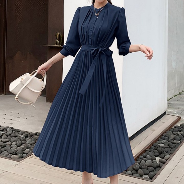 미화부장 여성 고급 롱원피스 주름 치마 결혼식 하객룩