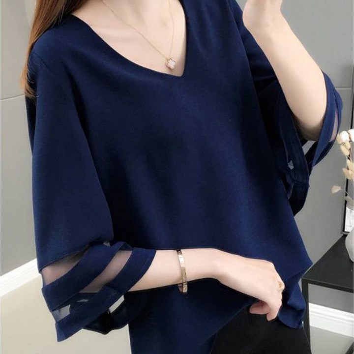 죠니제리 빅사이즈 가오리 블라우스 여성 여름 쉬폰 브이넥 반팔티셔츠 7부