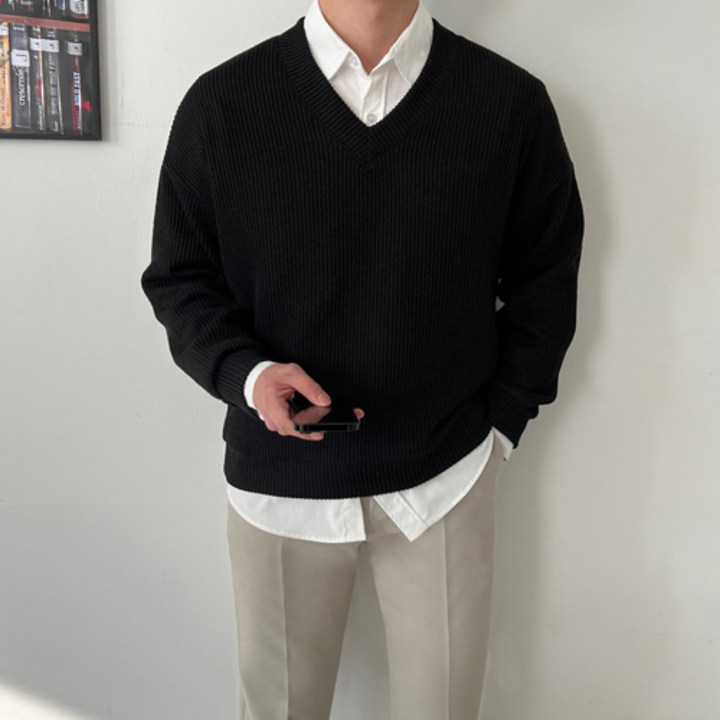 스웨터 남자 제인드 브이넥 오버핏 니트 긴팔 스웨터 티셔츠 옷 가을 겨울 간절기 옷 코디