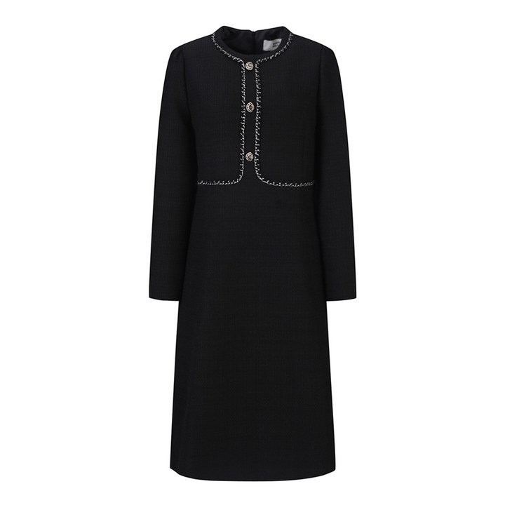 베스띠벨리 신상 겨울 원피스 할인  브레이드 포인트 트위드 롱 원피스   정상가 459,000원 검정 정장 겨울 원피스 트위드