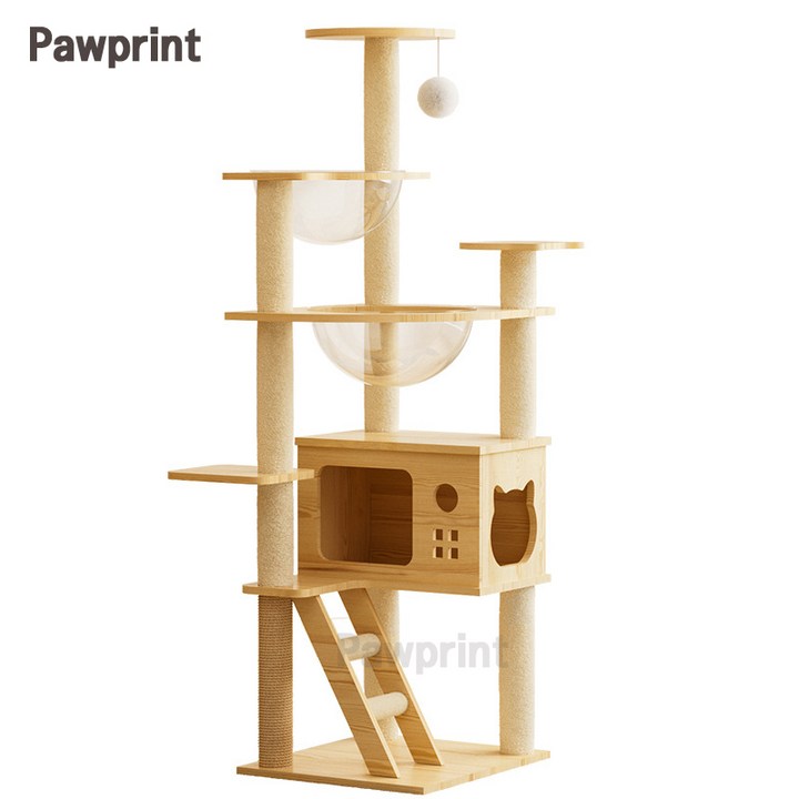 Pawprint 나무 캣타워 우드톤 투명아크릴 우주선캡슐 다기능일체형 넓은고양이굴 견고무흔들 설치간편 소형주택 거실 고양이놀이구역 다묘가정 초보집사 소형고양이용