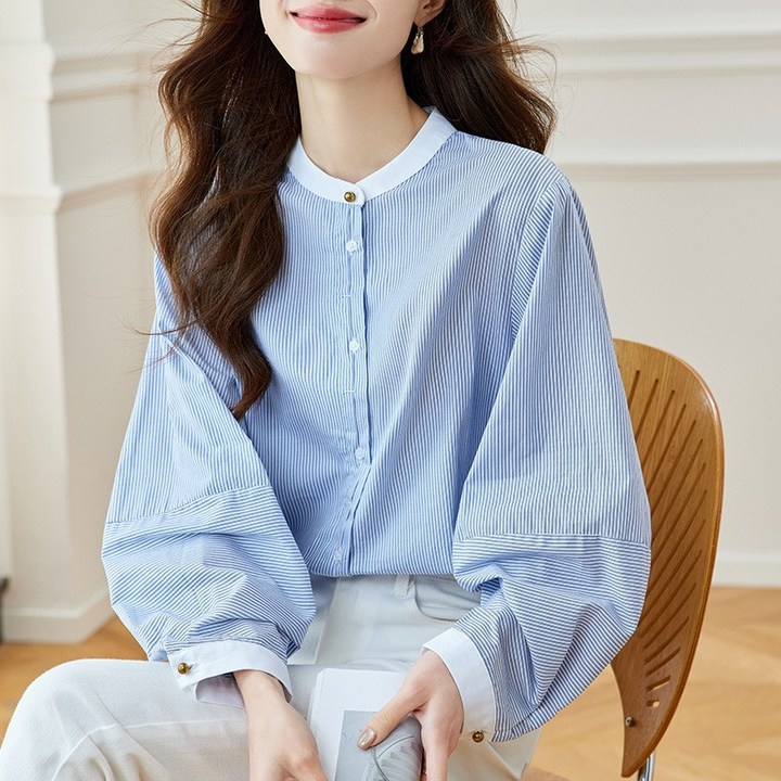 PETITBATH여성 스트라이프 차이나넥 벌룬소매 셔츠 루즈핏 블라우스WZS60301