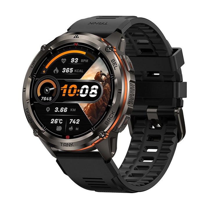 KOSPET 5ATM IP69K 방수, 스테인리스 스틸 바디, 듀얼 주파수 GPS, 470mAh 블루투스 통화 기능, Tank T3 Ultra 2 스마트워치, GPS + 블루투스, 3.63cm, black