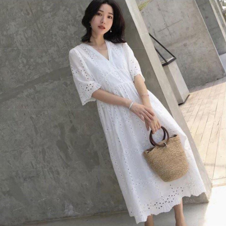 엔젤D 여성 루즈핏 아일렛 펀칭 브이넥 롱 원피스 엔젤D 여성 루즈핏 아일렛 펀칭 브이넥 롱 원피스