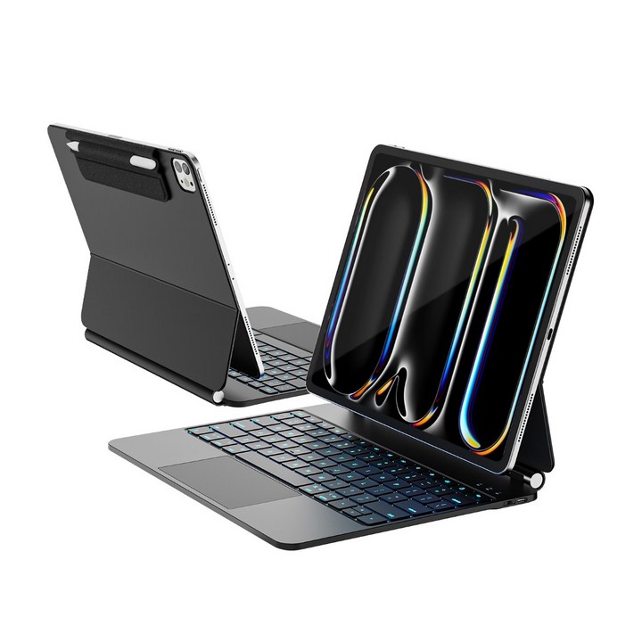 한국형 아이패드 프로 13인치 마그네틱 키보드 케이스, M58세대M47세대 호환, 11색 백라이트, 트랙패드, 내구성 가죽, 블랙, 1개