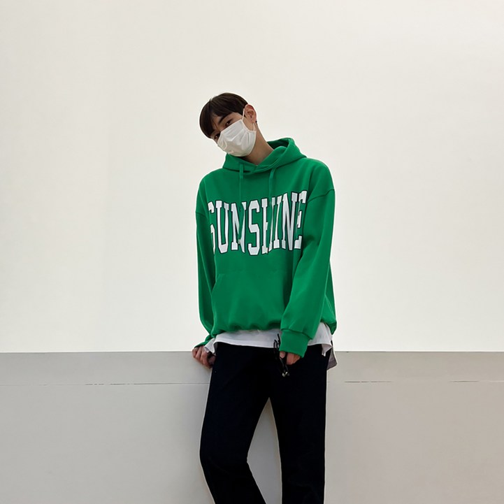 초록색후드티 선샤인 자수 오버핏 후드 티셔츠(3color)