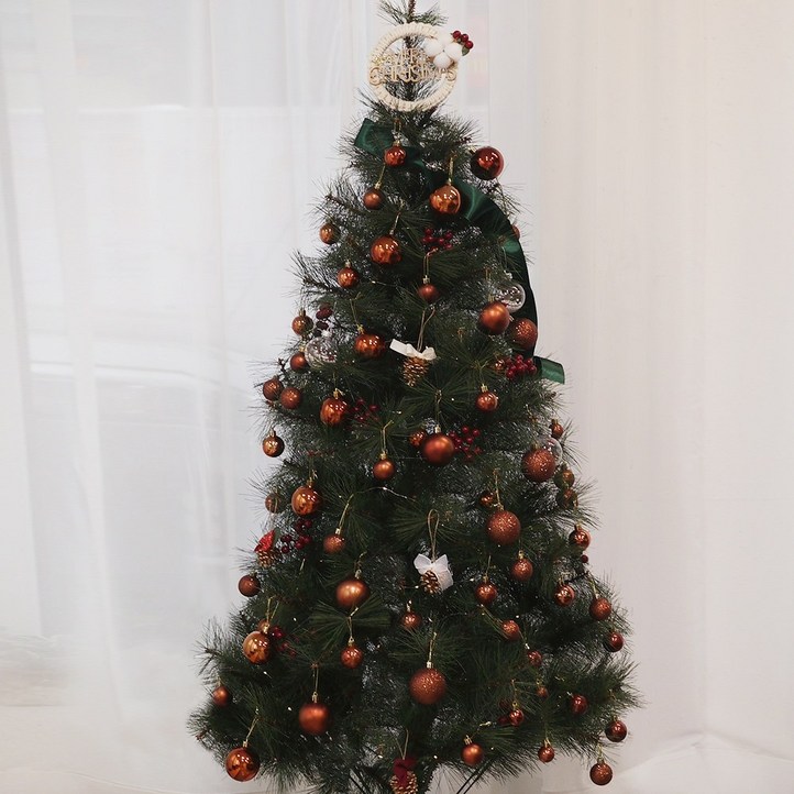크리스마스트리 나무 전구 장식 풀세트 버건디 딥그린리본 180cm