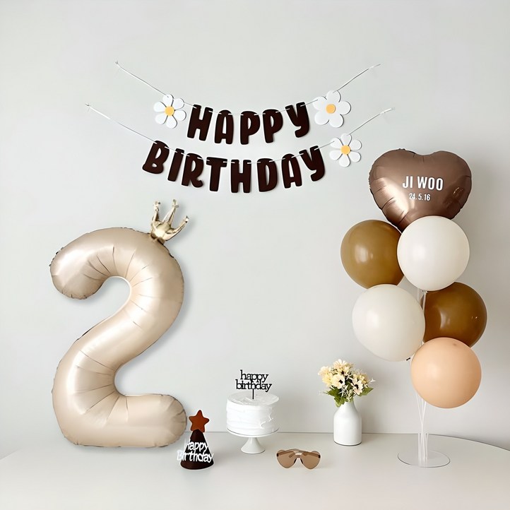 연지마켓 데이지 생일 가랜드 파티 용품 세트 숫자 풍선 레터링포함, 1세트, 브라운가랜드 숫자 2