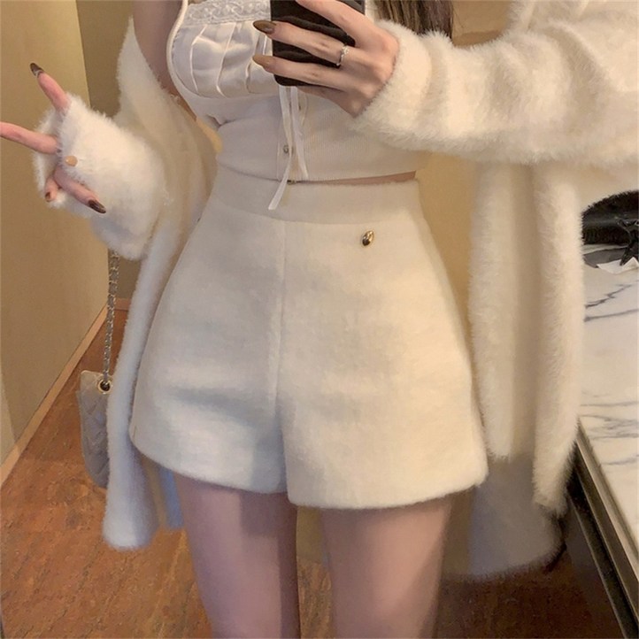 Vezri 여성용 고급스러운 가을 겨울 하이웨이스트 모직 반바지 심플한 디자인