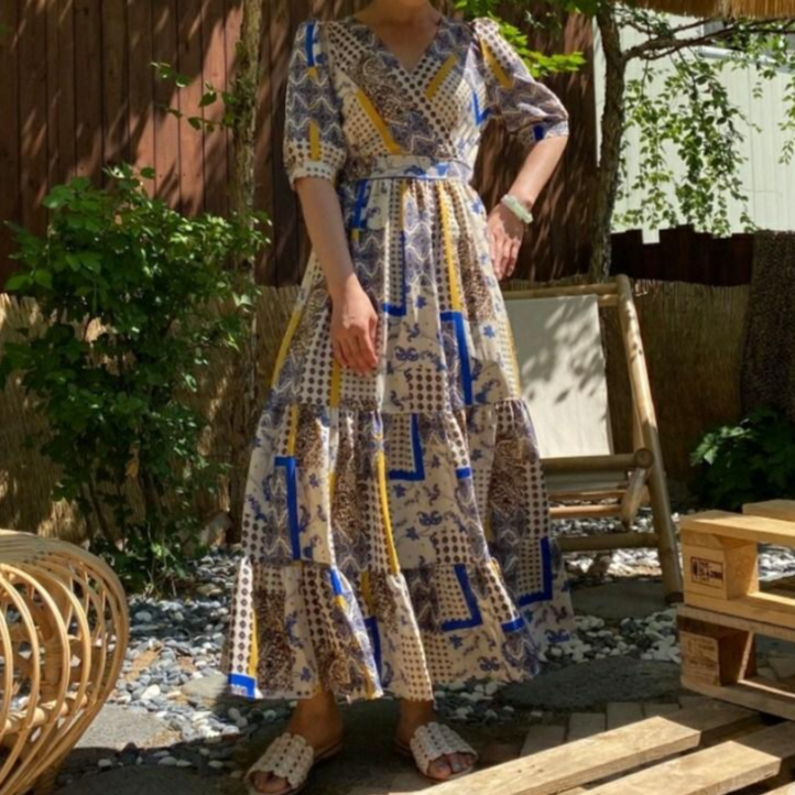 에스닉 사선넥 반팔 여름 롱원피스