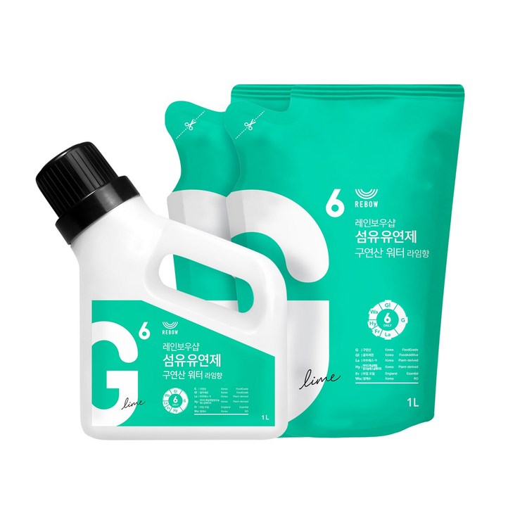 레인보우샵 섬유유연제 구연산 워터 라임향 1L 리필 세트리필x2, 1개, 1l
