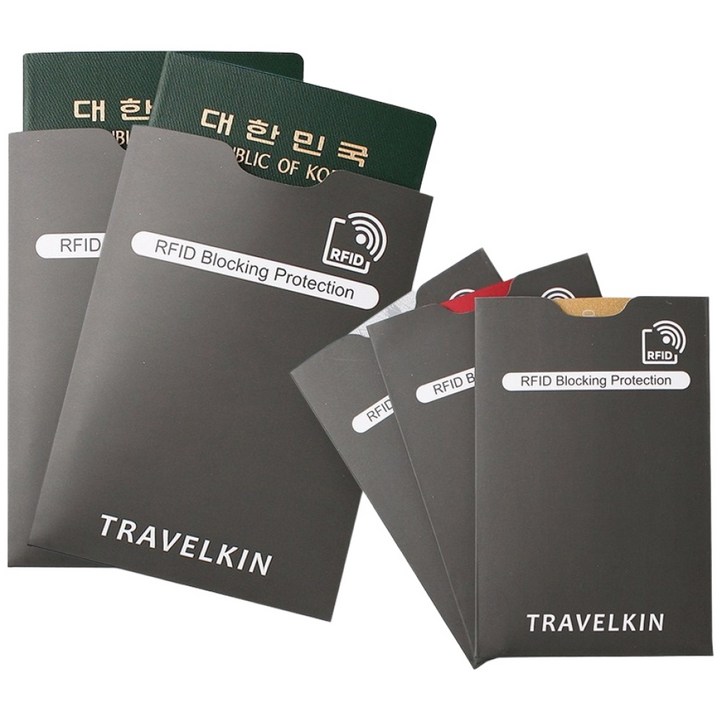해킹방지 여권슬리브 & 카드슬리브 5개세트. 안티스키밍 RFID 여권케이스 패스포트홀더 신용카드케이스 여행용품