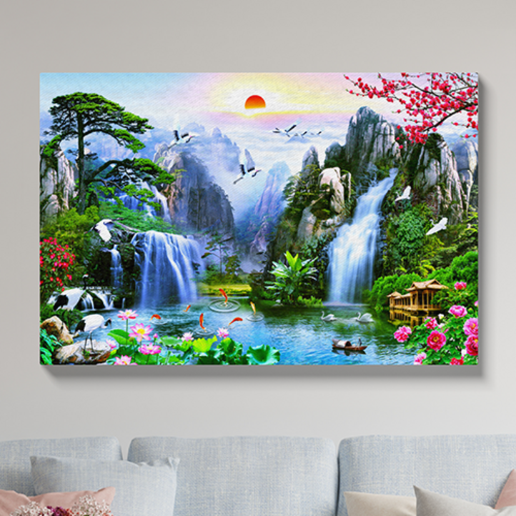 스튜디오17돈들어오는 폭포 그림 새해 무릉도원 생기 액자 명당도 풍수 일출 잉어 목단 모란꽃 재물운 개업선물