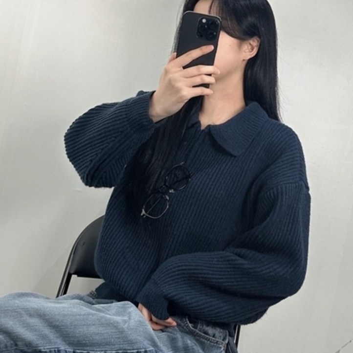 아방핏 니트 맨투맨 여성용 카라 반지퍼 하찌 골지 벌룬소매