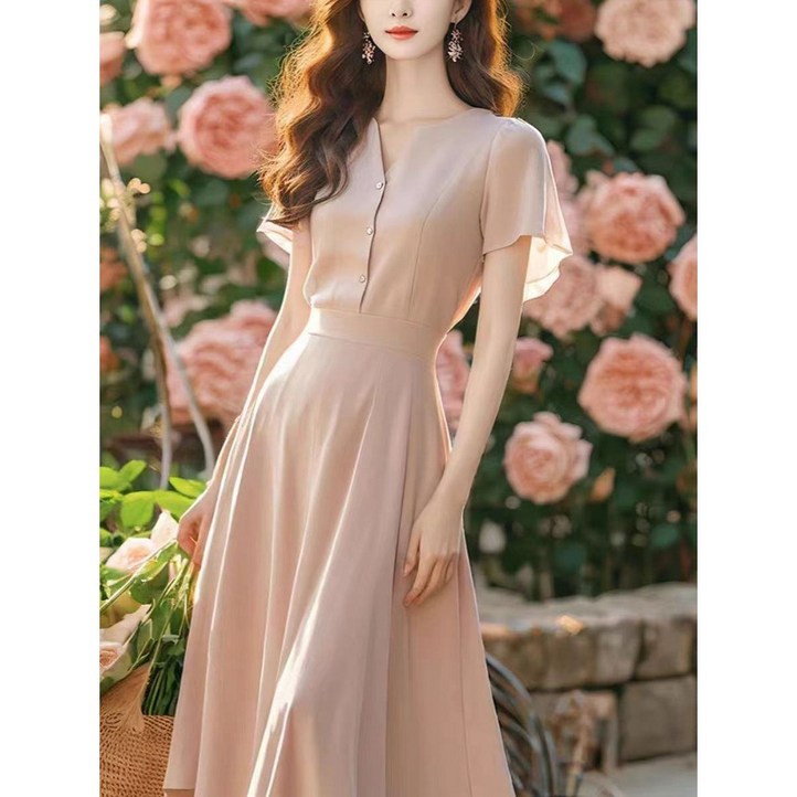 POMTOR 여성 여름 예쁜 프렌치 날씬해 보이는 핑크 소프트 쉬폰 원피스 POMTOR 여성 여름 예쁜 프렌치 날씬해 보이는 핑크 소프트 쉬폰 원피스