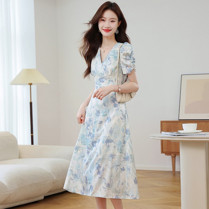 ANYOU 여름 여성 캐주얼 플라워 원피스 고급 브이넥 퍼프소매 원피스