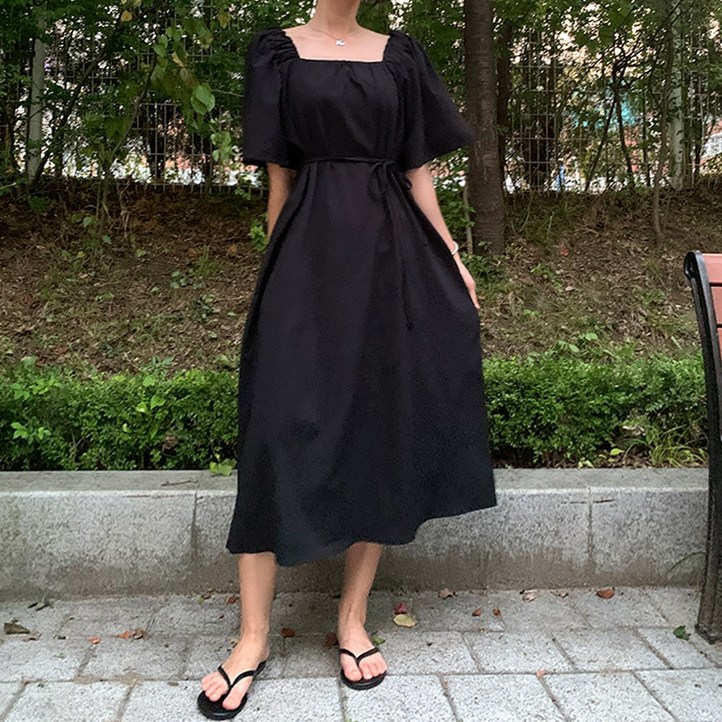 블레스유 여성 오프숄더 스퀘어넥 반팔 롱 원피스 77사이즈