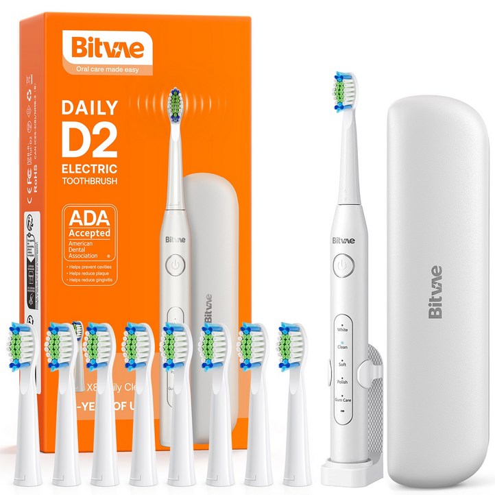 비트베이 D2 음파 전동칫솔 진동칫솔 칫솔모8개 스탠드와 휴대용 케이스 포함 Bitvae Amazon베스트, 화이트, 1개, D2