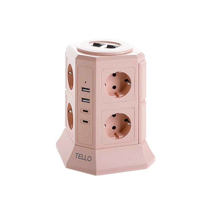 텔로 과부하차단 USB 타워 컬러 멀티탭 12구 KC인증 접지 안전 고용량 고급 멀티탭 선정리 가능한 인테리어 예쁜 귀여운 디자인 C타입 콘센트, 1개, 블라썸핑크, 2m