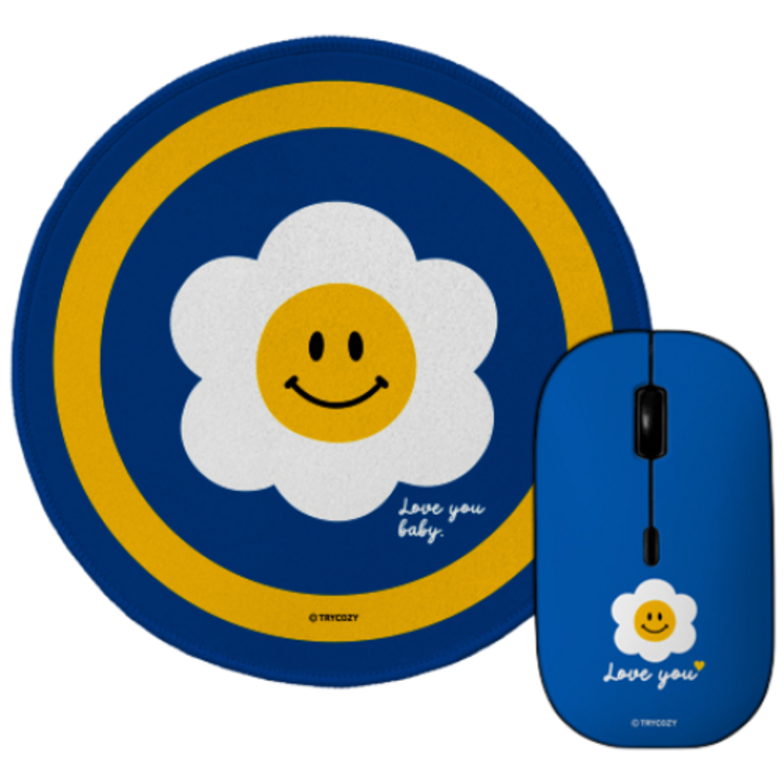 귀여운 스마일데이지 논슬립 마우스패드 블루투스 저소음 무선 마우스 세트, 스마일데이지블루