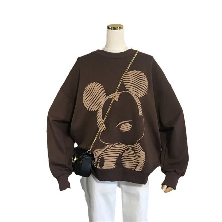 2023년 가을 신상 라인 미키 프린트 긴팔 스웨트셔츠 여성 루즈핏 캐주얼 대형 라운드넥 만화 여성 상의