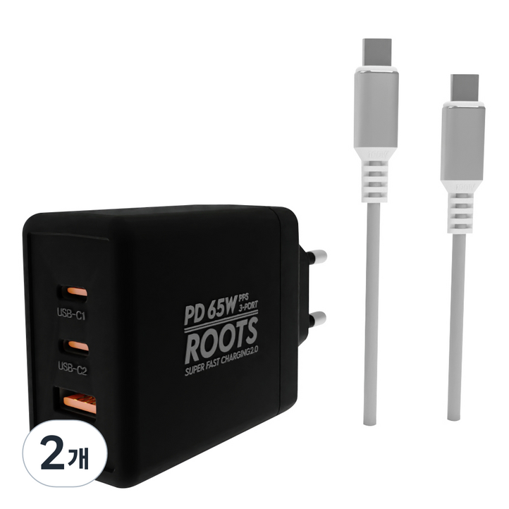 루츠 국내생산 초고속 멀티 충전기 C타입 3포트 PD 65W PPS  C to C 100W 5A E Marker 1.5M 케이블포함, 블랙, 2개
