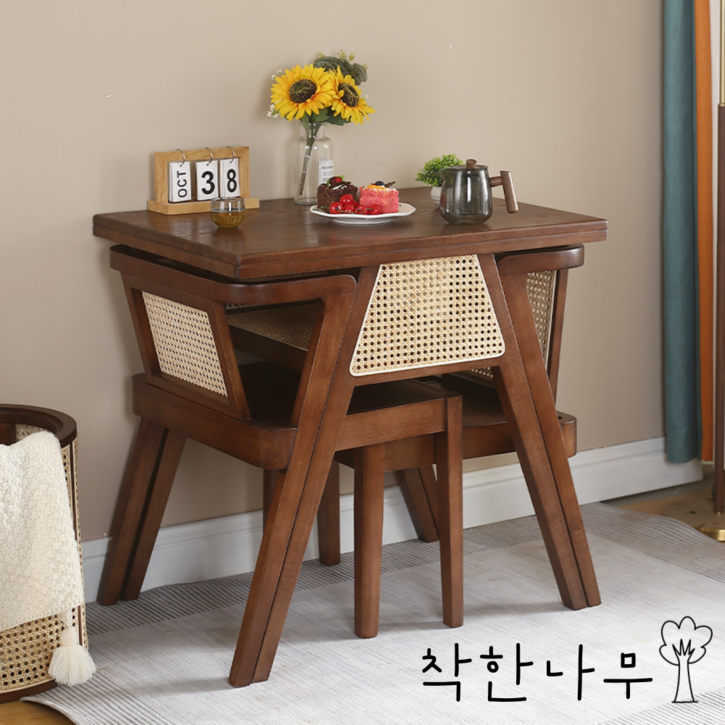 [착한나무] 감성 2인용 식탁세트 원목 카페 테이블 의자 세트, 월넛