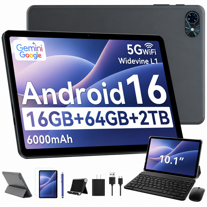 TABWEE 10.1인치 대화면 태블릿 PC 6000mAh 대용량 배터리 Gemini 2.0 지원 키보드펜 포함 풀세트 16GB41264GB 저장공간 학습 업무 엔터테인먼, 회색, 64GB, WiFi