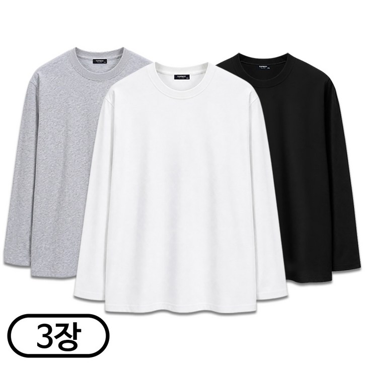 탑보이 3장 세트 30수 라운드 긴팔 쭉티 무지 면티 흰티 남녀공용 빅사이즈 티셔츠 (SCC5258PT)