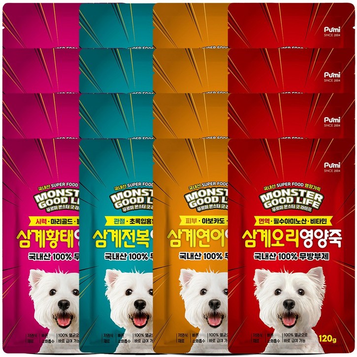 푸르미 몬스터 굿라이프 삼계영양죽 강아지간식 120g, 4종 콤보, 16개입, 35g, 황태4개 전복4개 오리4개 연어4개 푸르미 몬스터 굿라이프 삼계영양죽 강아지간식 120g, 4종 콤보, 16개입, 35g, 황태4개 전복4개 오리4개 연어4개