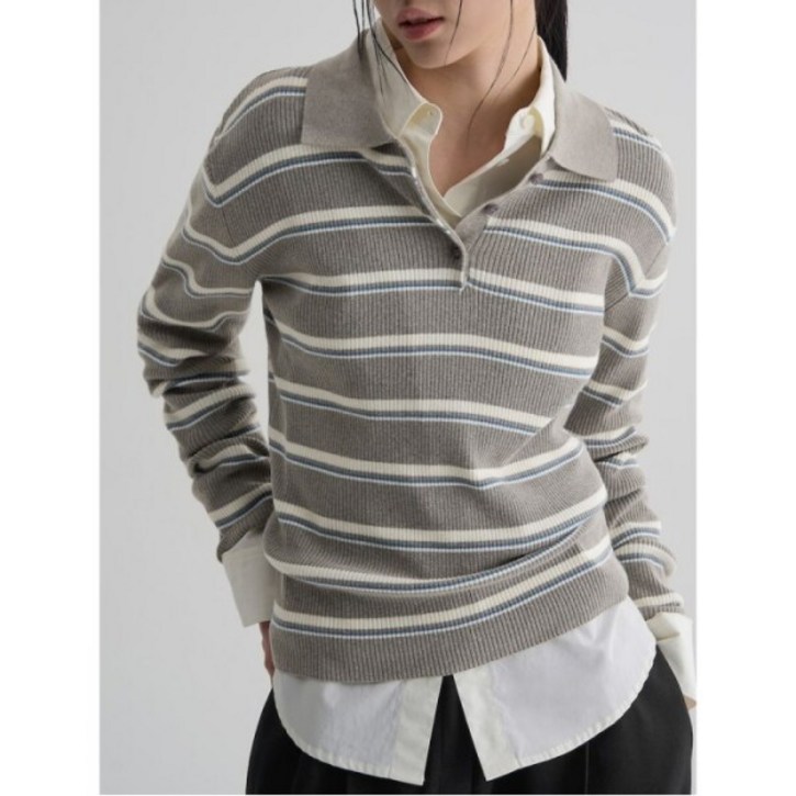 [에잇세컨즈] 칼라넥 스트라이프 풀오버 그레이 (356151WM33)