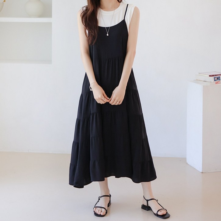 데일리앤 오엔느 봄 여름 레이어드 셔링 끈 나시 뷔스티에 쉬폰 롱 원피스