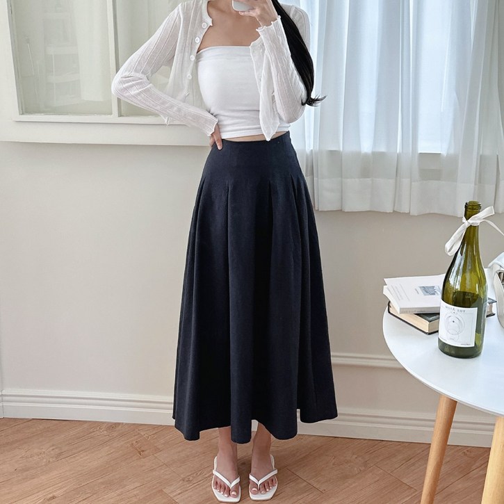 이푼아이 린넨 A라인 플레어 뒷밴딩 롱 스커트