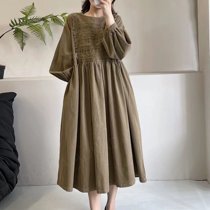 AOKADA 오버핏 레이스 벨벳 벌룬 롱 원피스 여성 가을 겨울