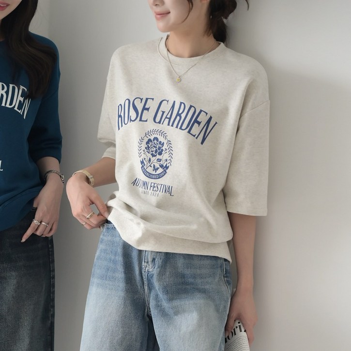 데일리앤 가드닝 여성 루즈핏 레터링 프린팅 쭈리 면 반팔 맨투맨 티셔츠