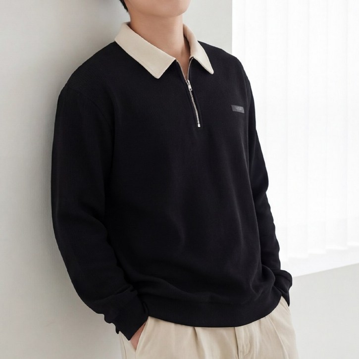 루크 남성 루즈핏 간절기 경량 반집업 맨투맨 남자 봄가을 긴팔 오버핏 카라 배색 상의 기본 데일리 캐주얼 반지퍼 티셔츠 레이어드 패션 편안한 코디