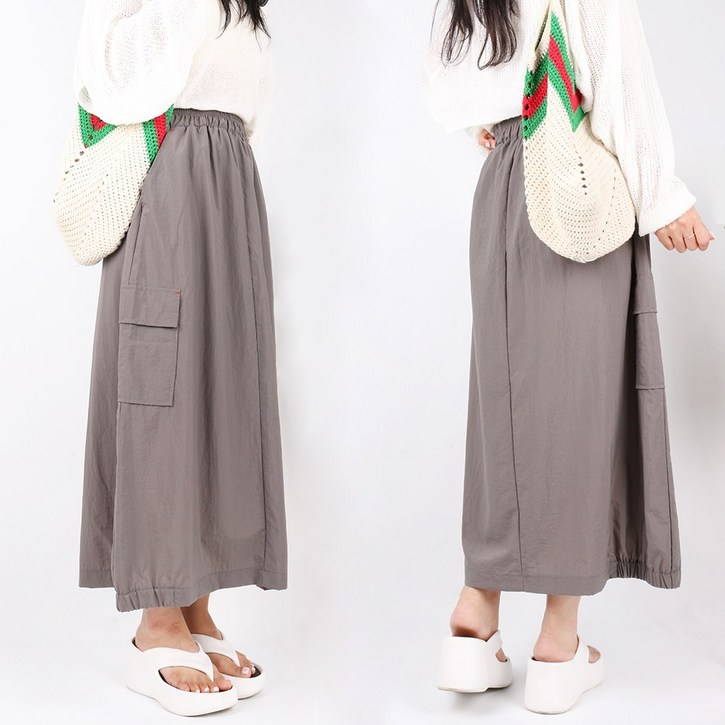 엔케이아울렛 B여성카고롱스커트 여름용 A라인 밴딩 심플 캐주얼 바스락 루즈핏 치마