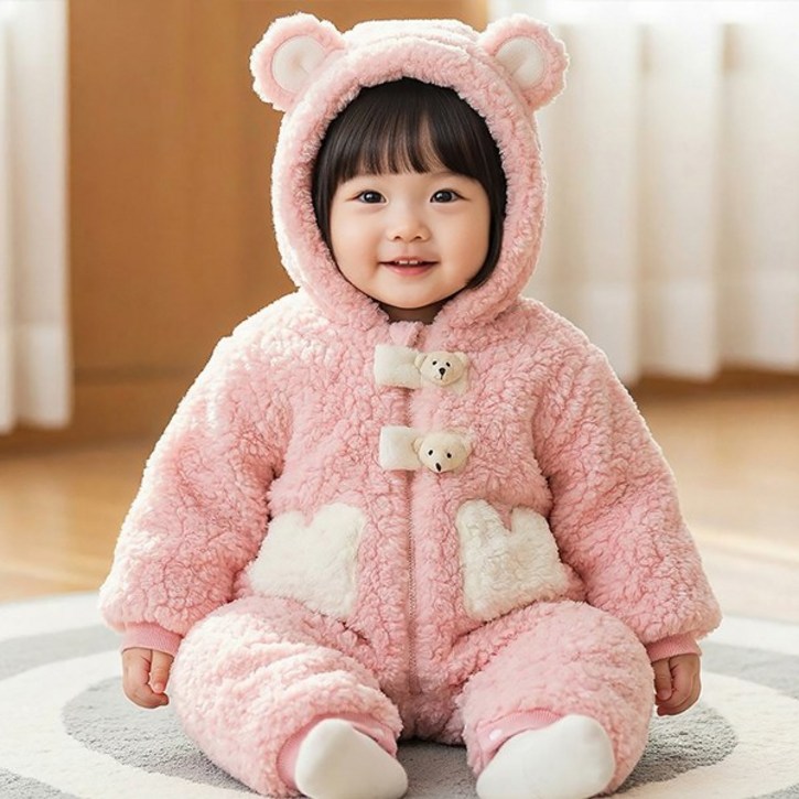 몽실이 뽀글퍼 테디베어 우주복 유아용 신생아 아기 겨울 털우주복 방한 후드 기모안감