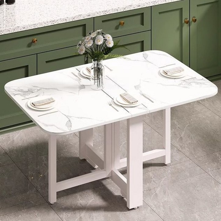 오아루 접이식 확장형 주방 식탁 테이블, 2인용, 마블 화이트+화이트 프레임