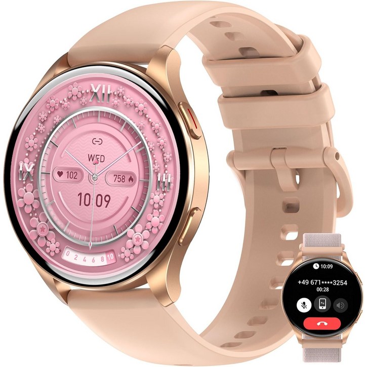 IOWODO W40 스마트워치 1.43 아몰레드 올웨이즈온 디스플레이 메탈 프레임 저전력 칩 IP68 방수 한글판 발렌타인데이 선물, 블루투스, 4.5cm, 골든