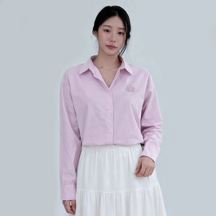 크라운 로고 자수 세미 크롭 코튼 기본 긴팔 셔츠