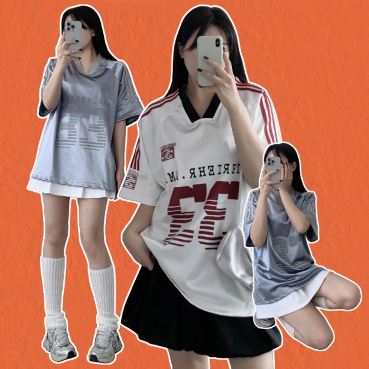 모모핏  샤이닝 브이넥 넘버 33 럭비져지 티셔츠 블록코어  Y2K